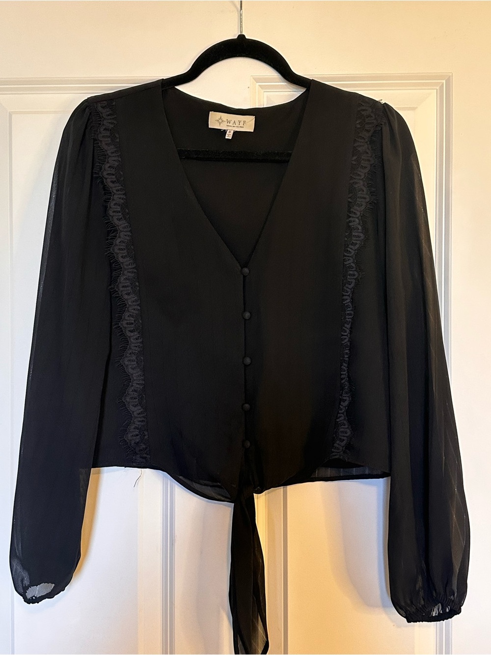 Wayf Black Tie-Front Sheer V-Neck Blouse